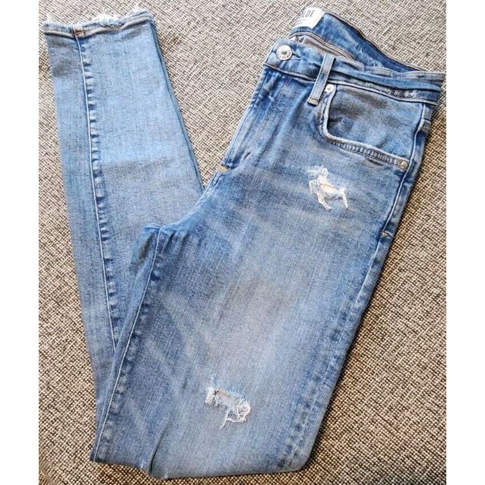 AGOLDE 28 Sophie High Rise Skinny Jeans Distressed Ripped‎ Medium Wash Frayed
